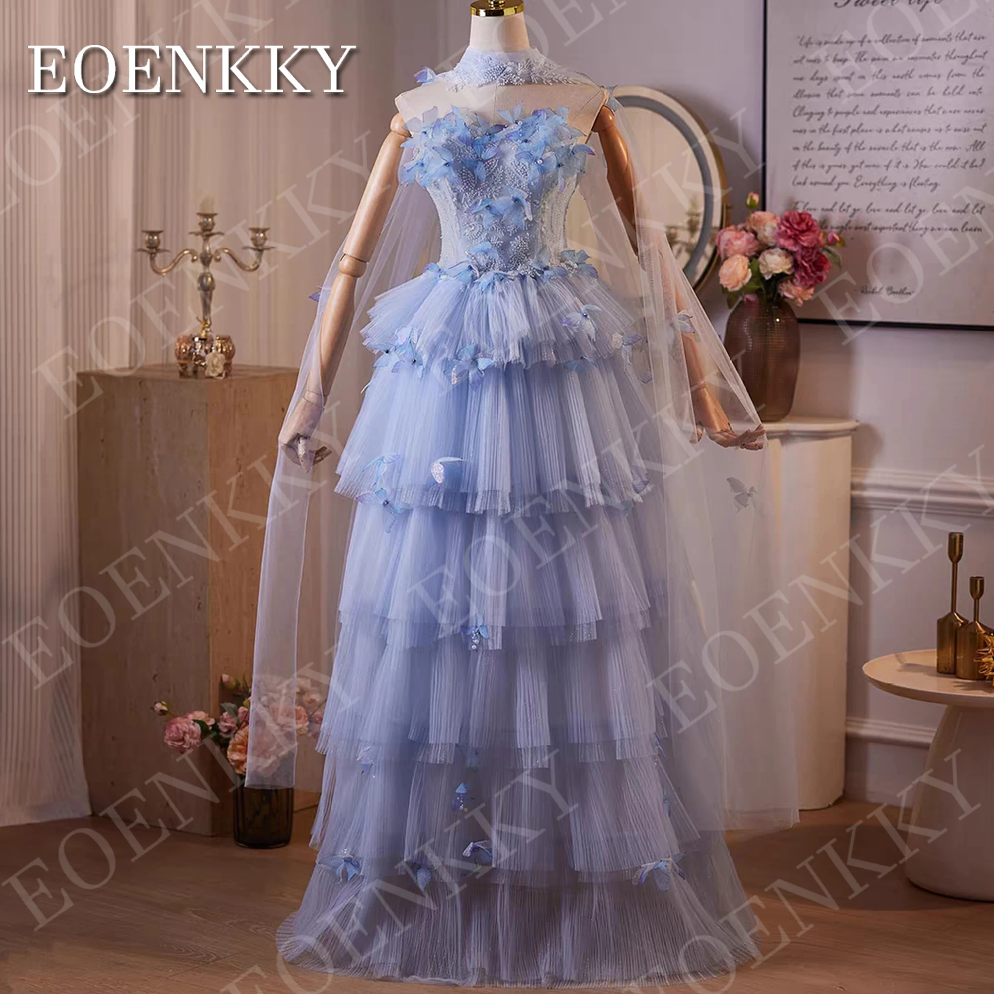 EOENKKY Tulle 3D Butterfly Long Prom Dress Woman Light Blue Princess Fairy Tiered A Line Strapless Party Dresses Customized 2026