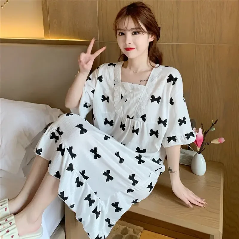 Sweet Pajamas Dresses Sleepwear Korean Fashion Nightdress Lingeries for Woman Short Sleeve  Lace Patchwork Summer Nightie