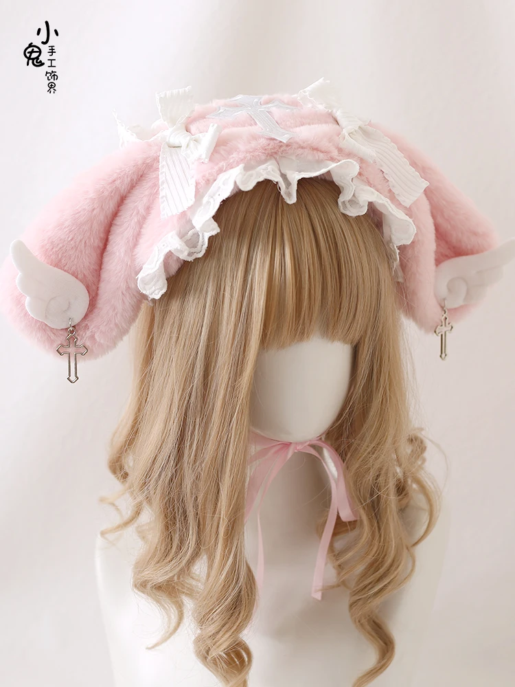 Lolita rabbit ear headband Cute plush angel wings lo Niang tiara Lolita tiara