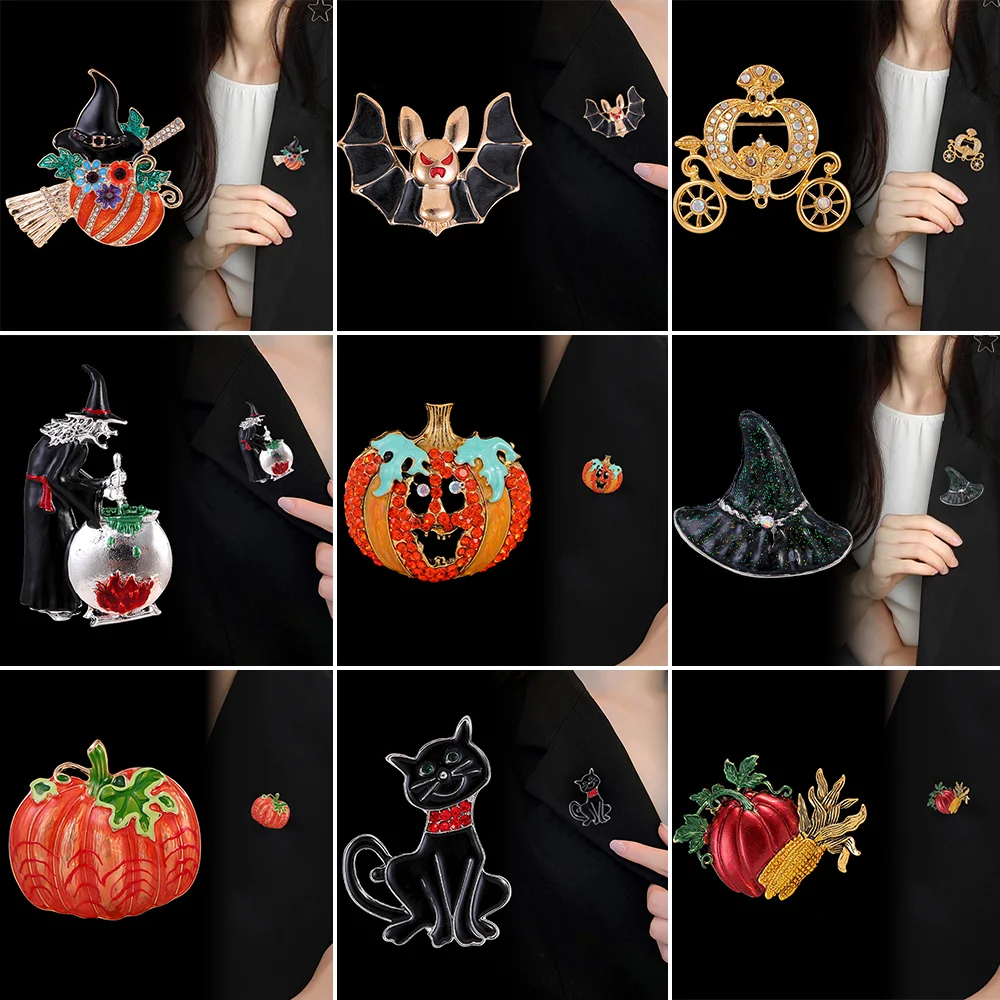 

Halloween Series Brooch Pumpkin Cat Hat Spider Wizard Animal Alloy Enamel Rhinestone Women Punk Gothic Fashion Jewelry Gifts