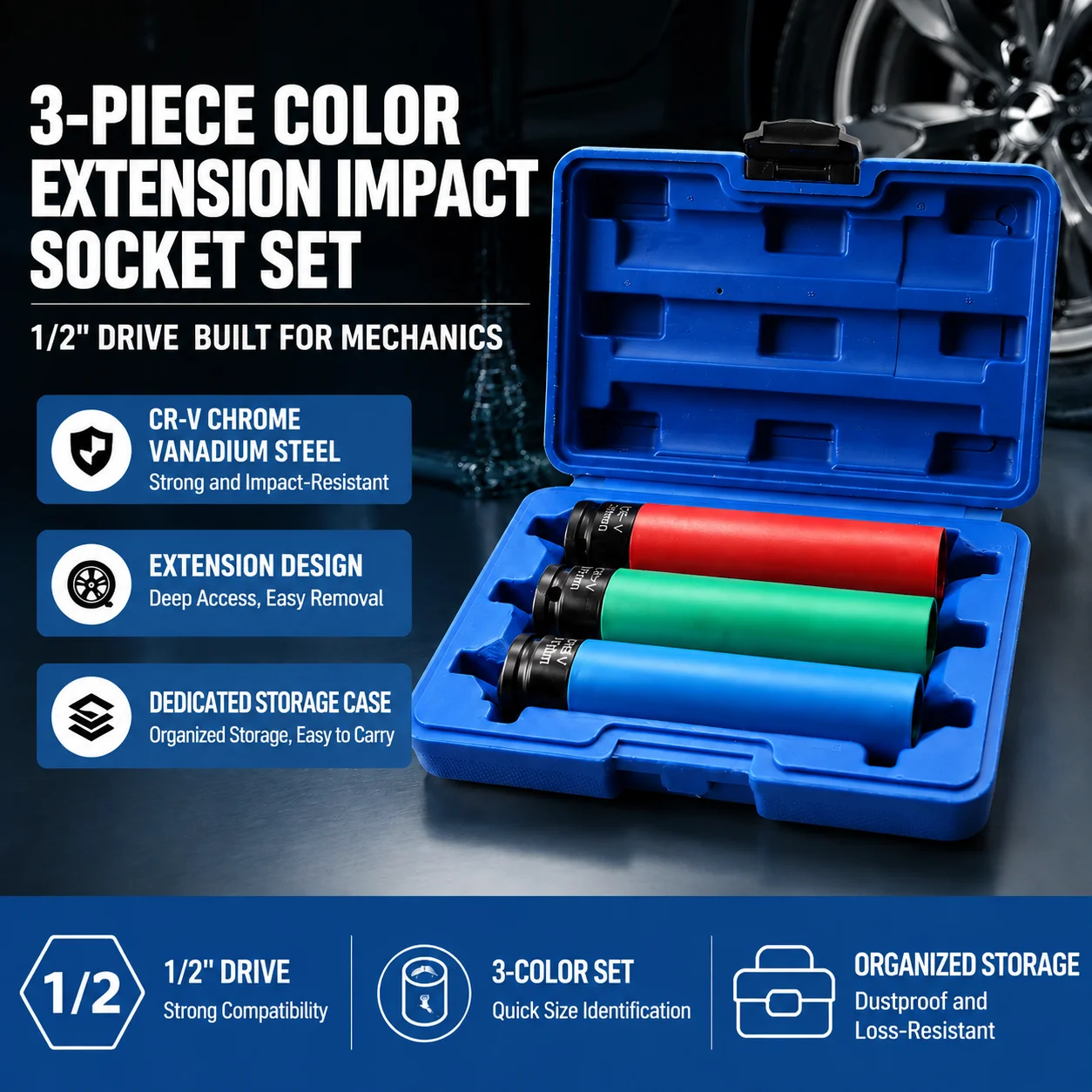 1/2 Drive Color Coded Impact Socket Set Thin Wall Protective Wheel Nut Socket Lug Nut Tool for Automotive Tire Repair