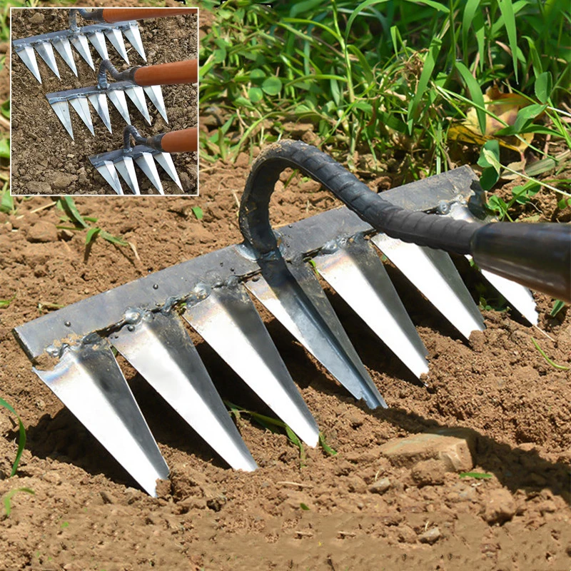 Metal Weeding Hoe Rake Stainless Steel Garden Weeders Grass Rooting Loose Soil Hand Weeding Removal Puller Gardening Tools