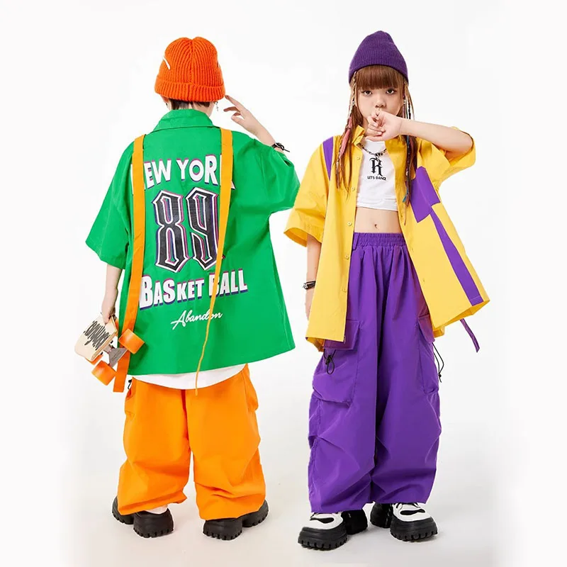 

Kid Hip Hop Clothing Yellow Green Strap Print Shirt Purple Casual Jogger Cargo Pants for Girls Boy Jazz Dance Costumes Clothes