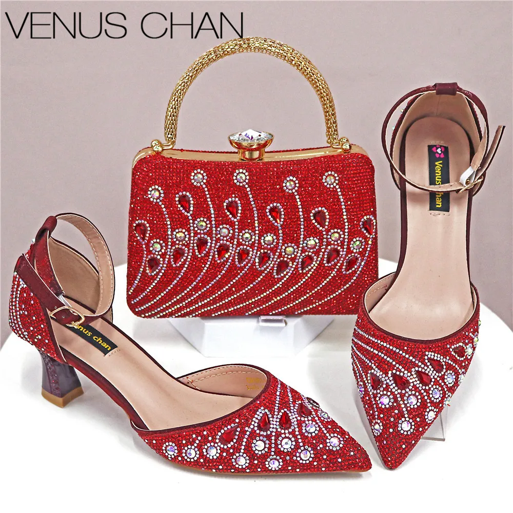 

Sandals Woman Mature Style Full of Colorful Rhinestone Decoration Party Wedding Red Color Pointed Toe Lady Shoes and Bag Set