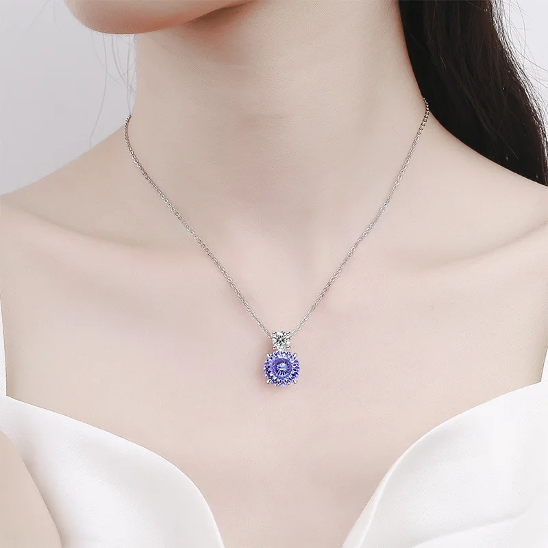 925 Sterling Silber Lila Amethyst Anhänger Halskette für Damen, 5A Kubikzirkonia Hochzeit Party Schmuck, Elegante Schlüsselbeinkette – Detail 6