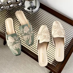 Fairy Floral Embroidered Mule Shoes Woman Elegant Flower Velvet Slide Slippers Ladies Evening Party Flat Velour Zapatos