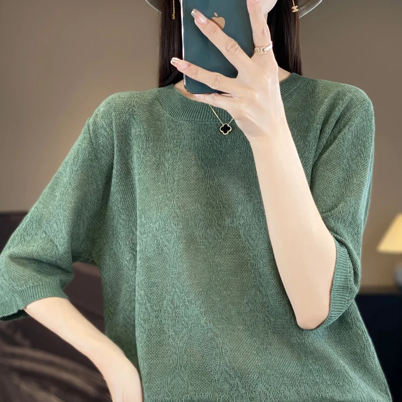 Round Neck Imitation Wool Half Sleeved Women's New Summer Thin Solid Color Fashionable Basic Style Pullover Knitted T-Shirt Top