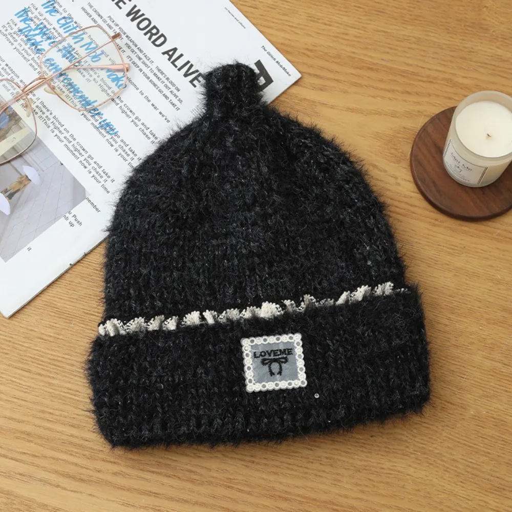 

Повседневная вязаная шапка с бантом, вязаная шапка-бини с кружевными краями, ветрозащитная шерстяная шапка из волокна