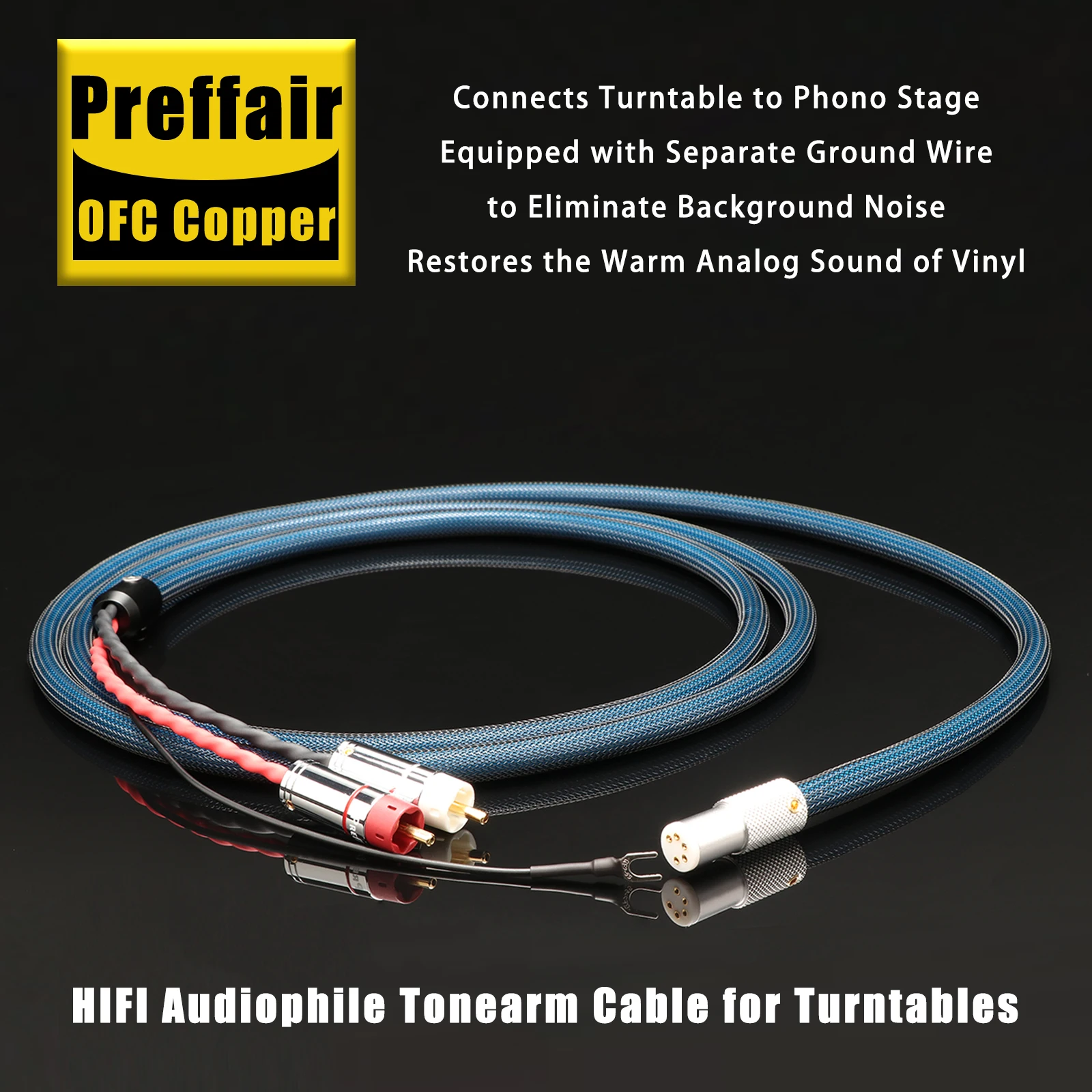 OFC Copper Phono Cable 5Pin DIN to RCA Plug Shield for LP Turntable Phono Tonearm Cable with Ground Wire