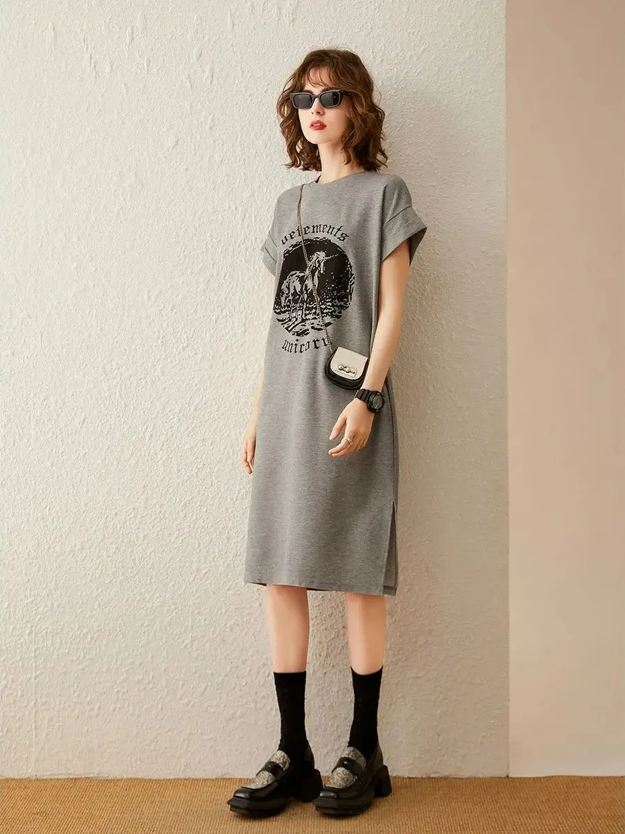 LOUIS YAO Women T-Shirt Dress 2024 Summer New Retro Print Loose Fit Straight Round Neck Short Sleeve Casual Vent Dress for Women