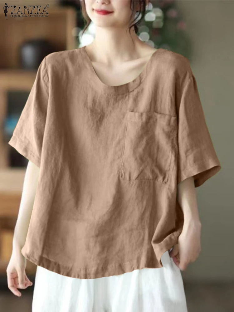 

ZANZEA Casual Loose O Neck Blusas Vintage Short Sleeve Solid Color Leisure Daily Shirt 2024 Summer Women Cotton Oversize Blouses