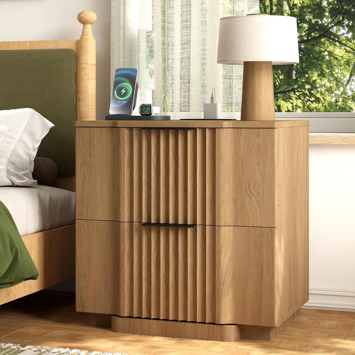 Fluted Nightstand 2 Drawers & Fast Charging Station FSC Wood Unique Profile Metal Handle Mid Century Modern Bedside Bedroom Oak,