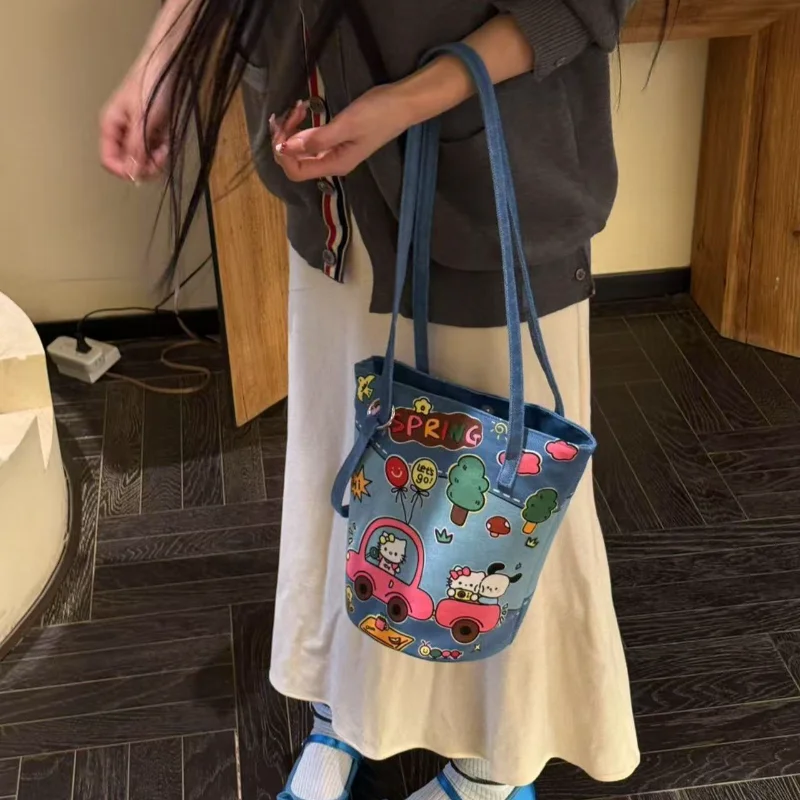 

Sanrio Hello Kitty джинсовая сумка на плечо новая аниме аксессуары с мультяшным принтом сумка портативный косметический органайзер сумка для девочек подарок