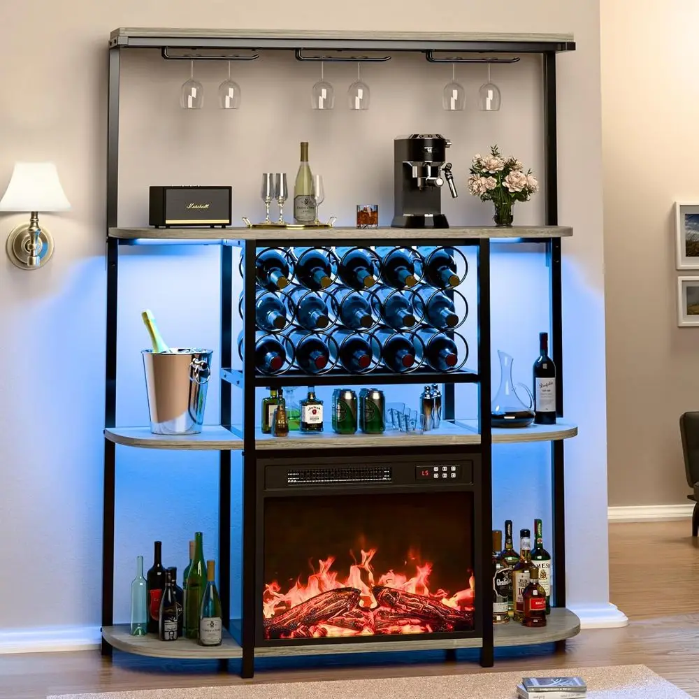 

Upgraded Grey Tall Home Mini Bar Cabinet with Power Outlet, LED Lights, 4-Tier Storage, Rack & Glass Holder