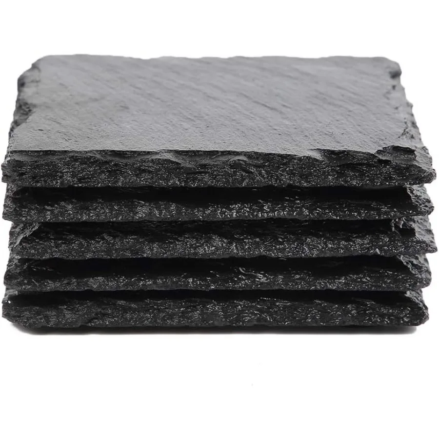 

Подставки для напитков из шиферного камня — набор из 5 квадратных черных каменных подставок с бирюзовым краем для баров и дома — 4 x 4 дюйма