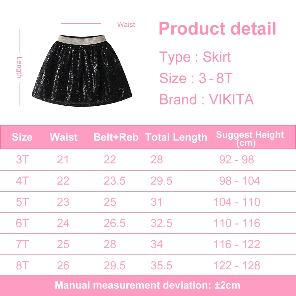 VIKITA Kids Black Sequined Appliqued Skirts Girls Birthday Party Performance Prom Princess Fashion Mini Skirt Children Clothes