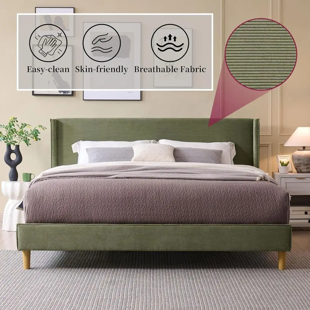 Современный каркас двуспальной кровати с мягкой обивкой Wingback и вельветовой тканью, местом для хранения под кроватью, опорой из деревянных планок, пружина коробки не требуется,