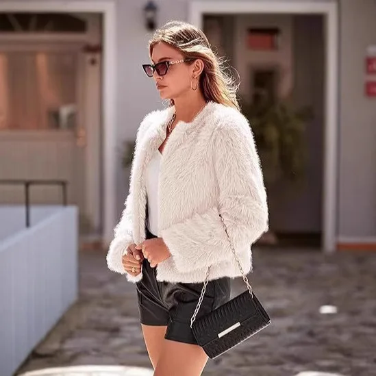 KIDCRKJ 冬用 レディース エコファーコート マルチカラー ラウンドネック ショート丈 フェイクファー ジャケット レディース スリムフィット 暖かい 女性用 人工ファーコート