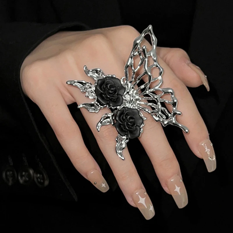 Vintage Punk Metal Black Rose Liquid Butterfly Opening Ring For Women Exaggerated Adjustable Animal Ring Aesthetic Jewelry Gift