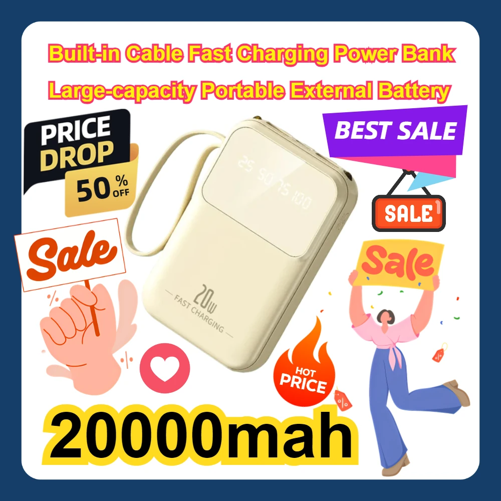 

For Iphone Samsung Powerbank Built-in Cable Fast Charging 20000mah Power Bank Large-capacity Portable External Battery