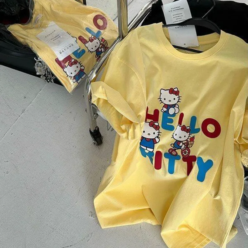 

Модная футболка с короткими рукавами Y2K Sanrio Hello Kitty, женская летняя новая повседневная одежда с героями мультфильмов, облегающие топы с обычным плечевым швом Kawaii