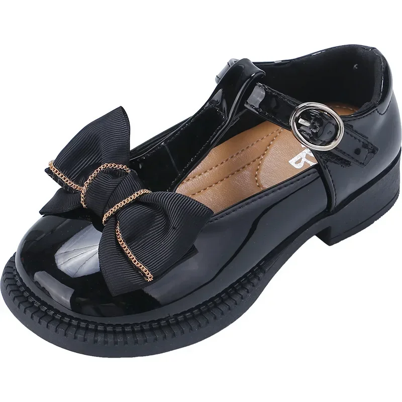 Fashion Patent Leather Girls Shoes T-strap Round Toe Kids Mary Janes Solid Bow Hollow Single Shoe Soft Sole Student Dress Shoes