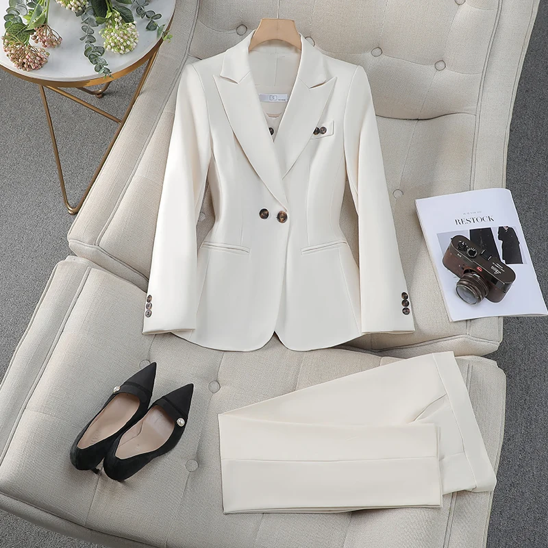 ZJYT Elegant Women's Suit Notched Blazer Trousers Set 2 Pieces Spring Long Sleeve Jacket Pants Sets Office Lady Work Outfit Pink