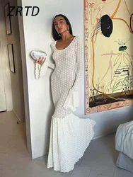 Elegant Knitted Hollow Out Long Dress Women Sexy O-neck Flare Sleeve See Through Patchwork Dresses 2024 Summer Lady Beach Robe