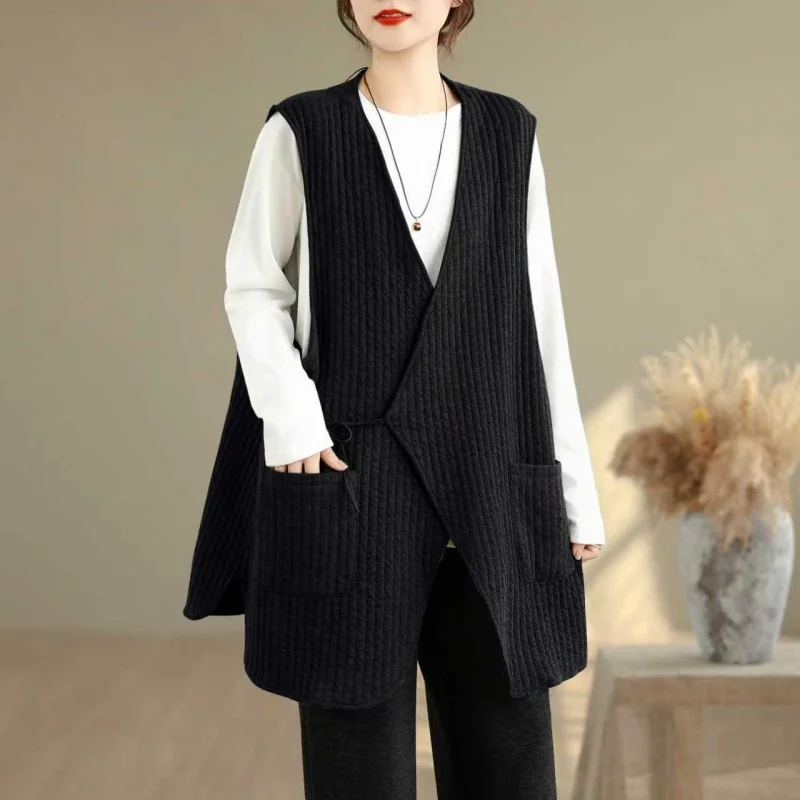 

Retro Chinese Sle Women's Vest Lightweight Cotton Patchwork Cardigan Belted V-Ne Slanted ket Open Front Warm Top