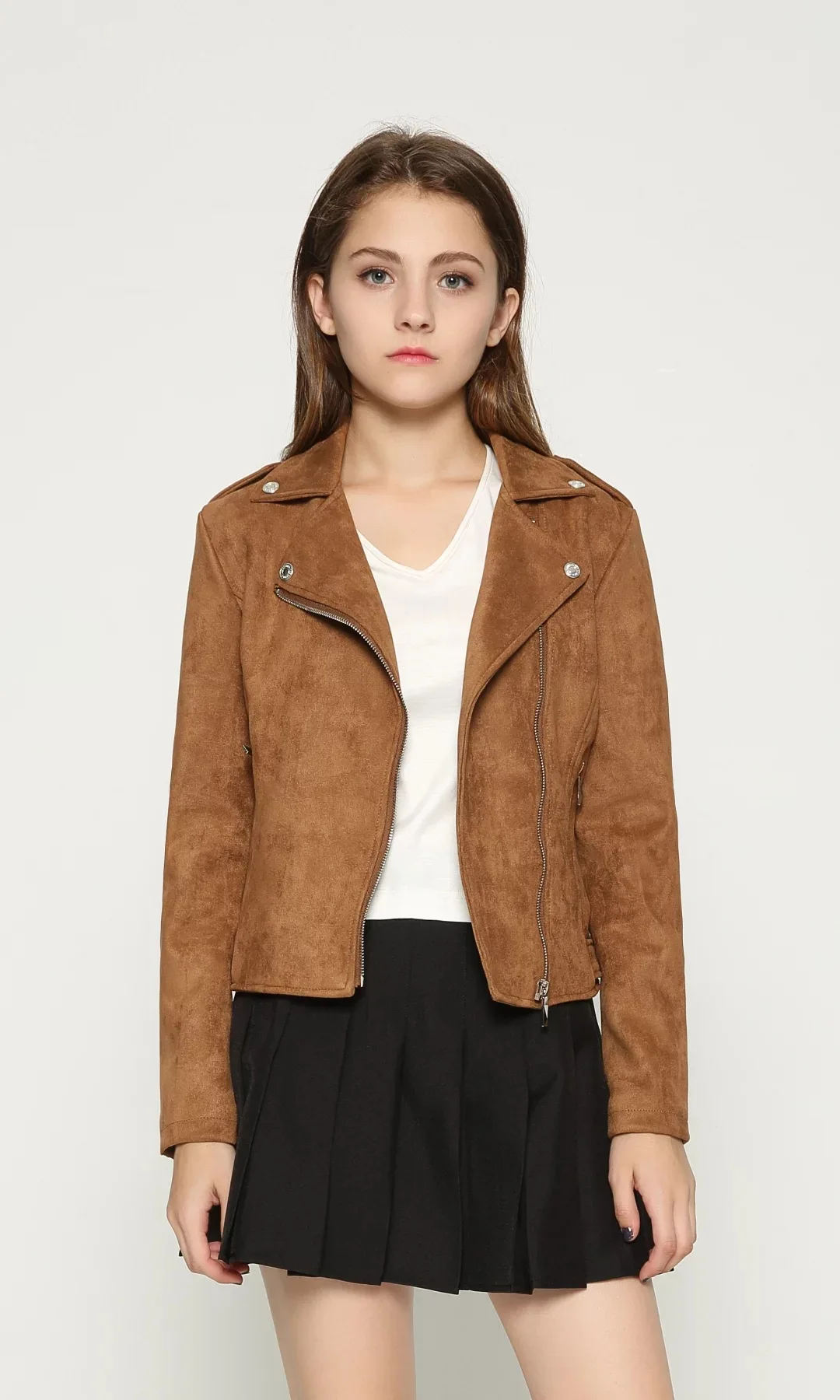 2024 Women's Autumn New Fashion Short Suede Leather Coat Oblique Zipper Casual Leather Clothing