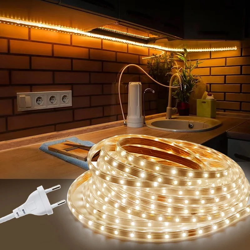 

EU Plug 220V Led Strip Waterproof LED Lights Strip 220V Flexible Ribbon for Room Bedroom Kitchen Outdoor Garden Lighting