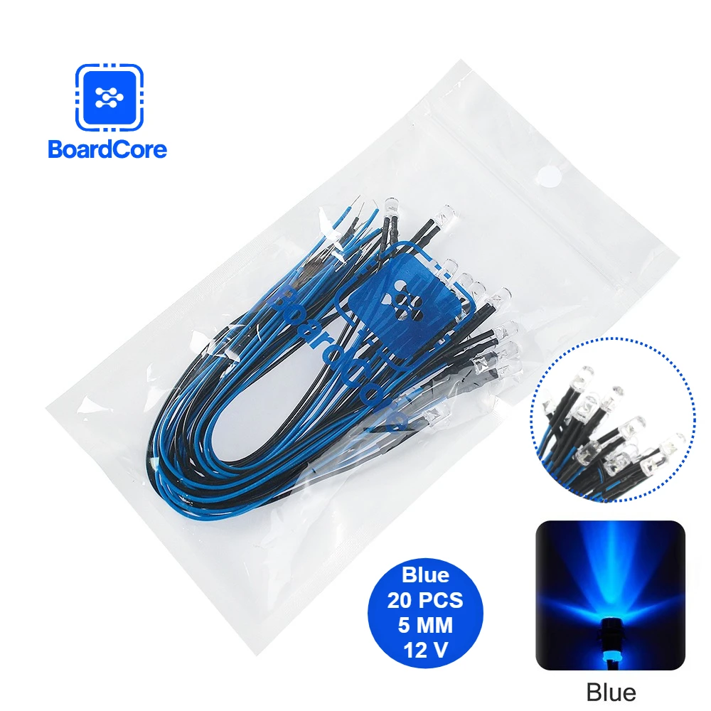 20PCS LED Diode with 20CM Prewired 12V 5mm Blue LED Light