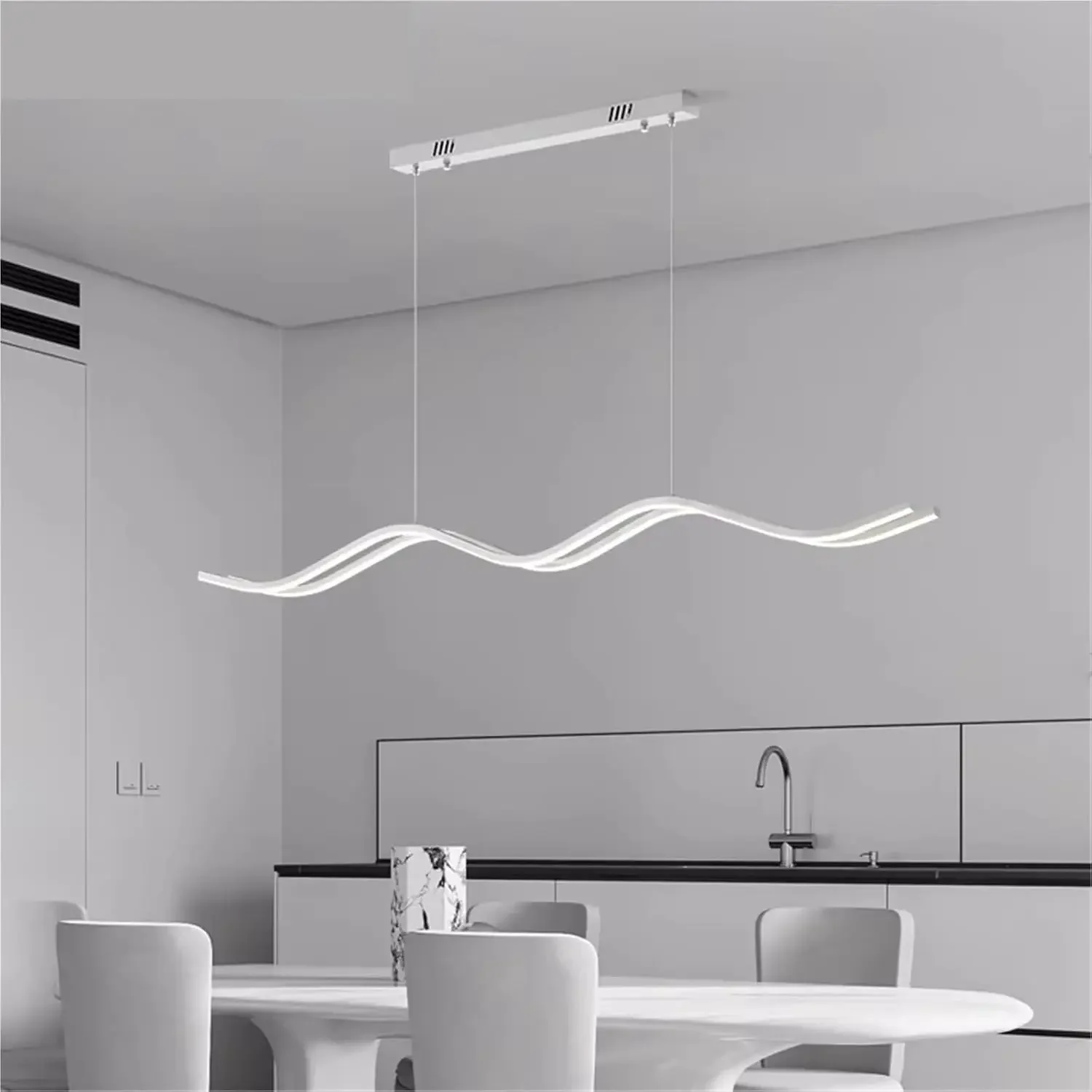 Modern Wave LED Linear Pendant Light, Curved Double Strip Dimmable Hanging Lamp, Adjustable Cord Minimalist Chandelier,Chandelie