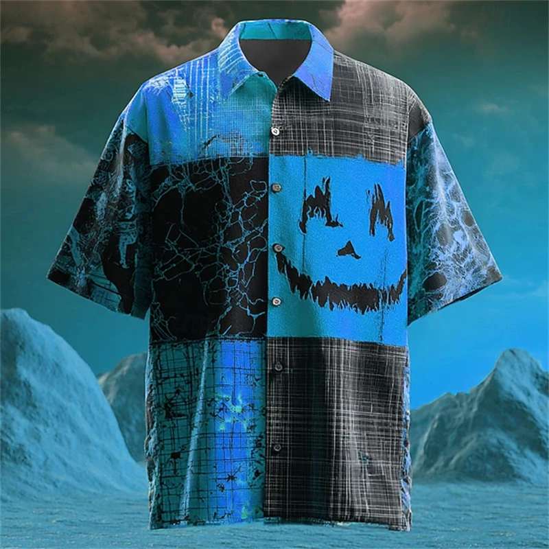 

Halloween Men's 3D Short-sleeved Shirt with Ghost Face Print Black and Orange Casual Party Outfit Breathable Summer Button Shirt