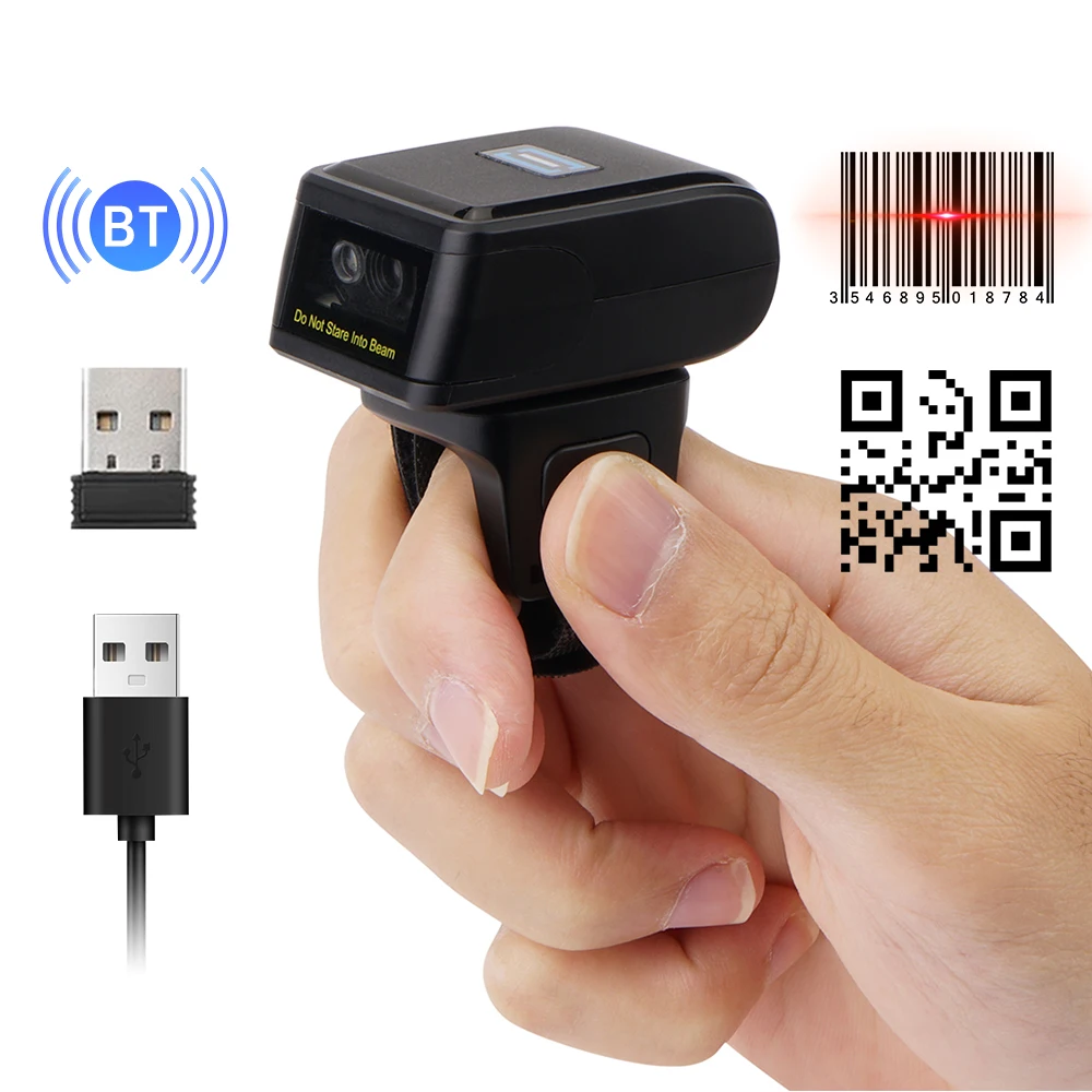 2D Barcode Scanner Portable Finger Handheld Wearable Ring 1D 2D Bar Code Reader BT+2.4G Wireless and Wired Connection