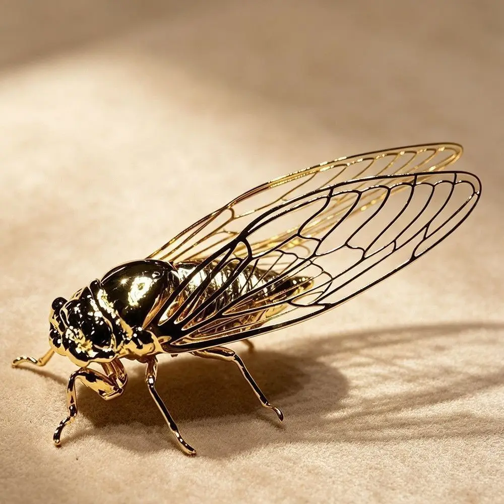 Golden Finish Golden Cicada Figurine Realistic Details Hollow Wings Cicada Sculpture Vintage Style Insect Figurine