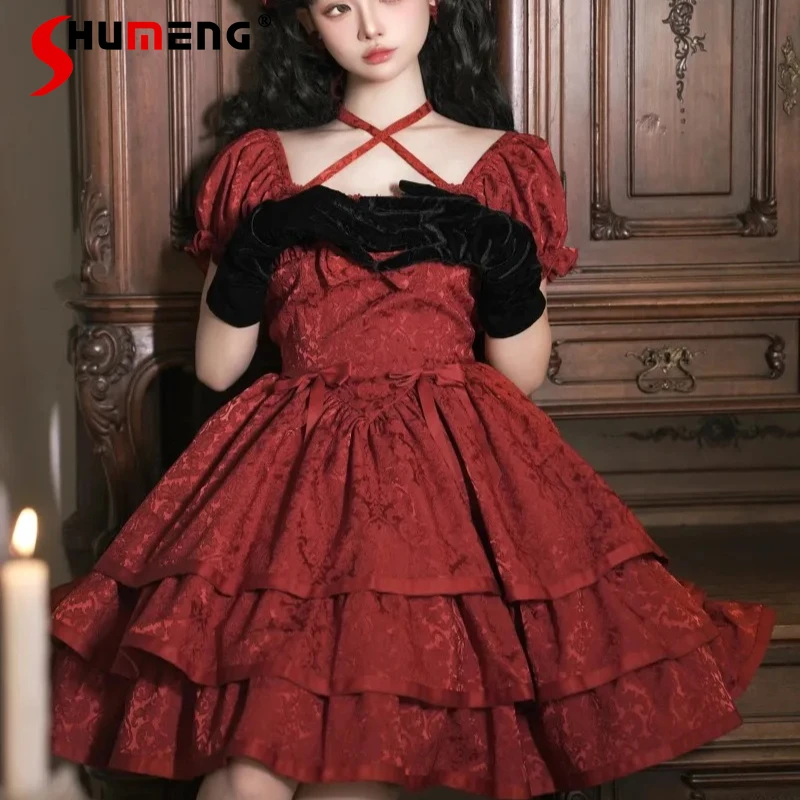 

Japanese Original Lolita New Vestidos De Mujer Short Sleeved Op Three-Section Pettiskirt Red Rojita Dress Y2k Kawaill Clothes