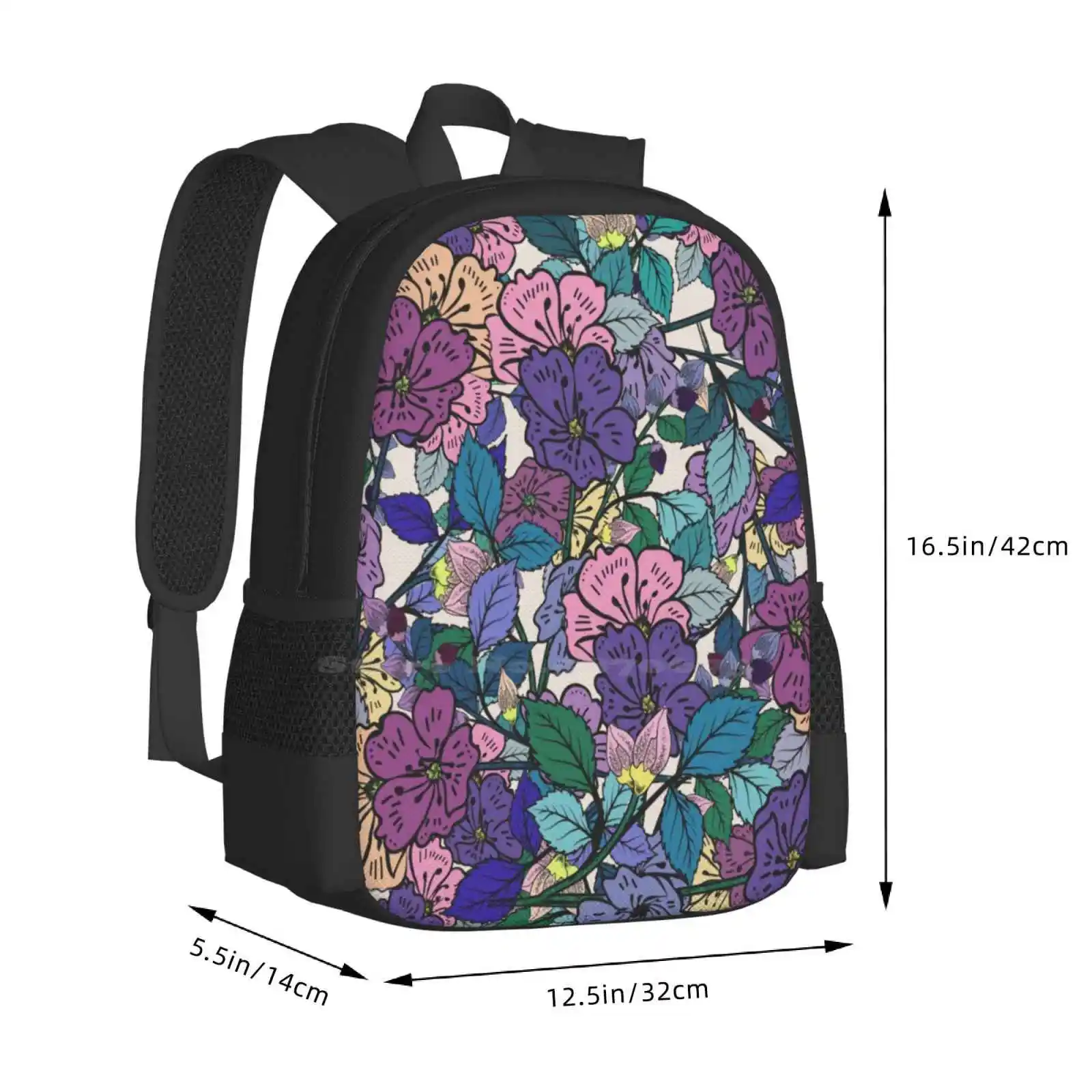 Efflorescence School Bag Big Capacity Backpack Laptop Summer Floral Flower Pattern Purple Pink Teal Green Yellow Spring Fresh