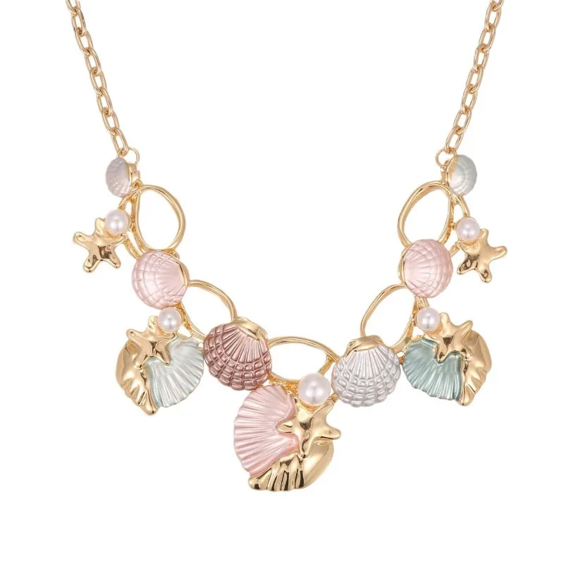 Bohemian Beach Shell Pendant Necklace Multicolor Enamel Starfish Pearl Chain Gold Silver Tone Ocean Theme Necklace Jewelry