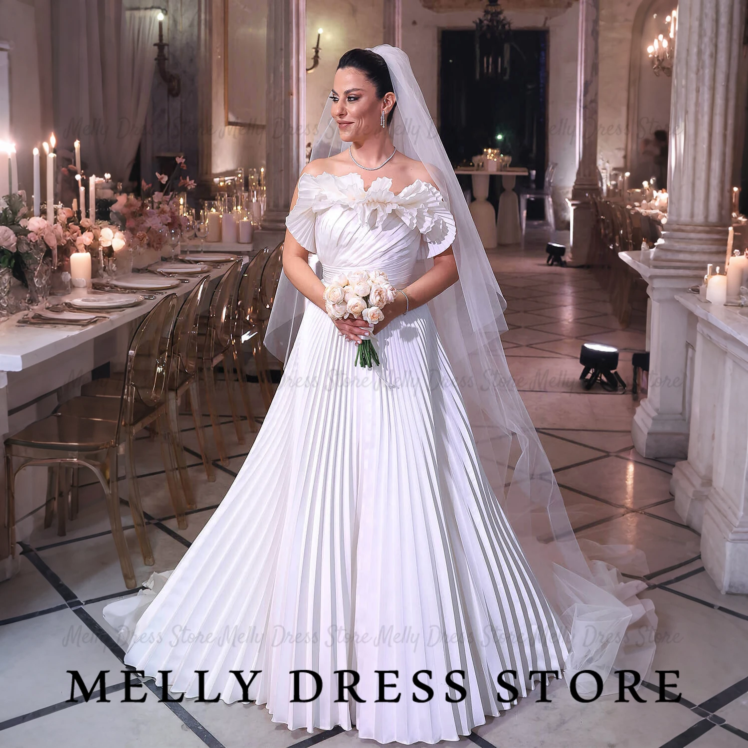 Melly Wedding Dress Off The Shoulder Pleated amanda novias oficial Ruffled Neckline A-Line Sweep Train Bridal Gown Customized