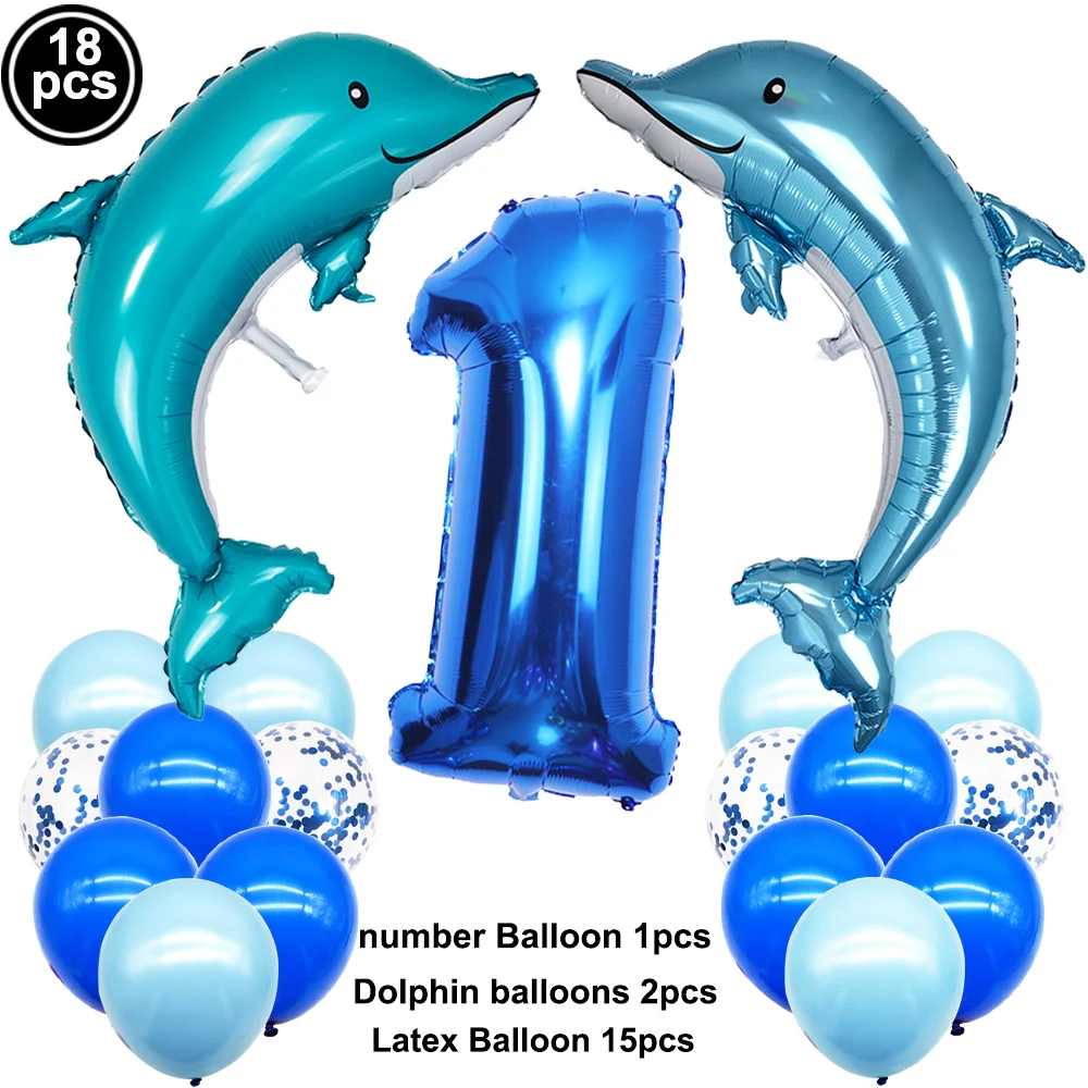 18 Stück Delphin-Luftballons, blau, 32 Zoll, Zahlen, Ballon, 1. Geburtstag, Dekoration für Kinder, Jungen, Meerestiere, Thema, Geburtstagsparty-Zubehör – Detail 1