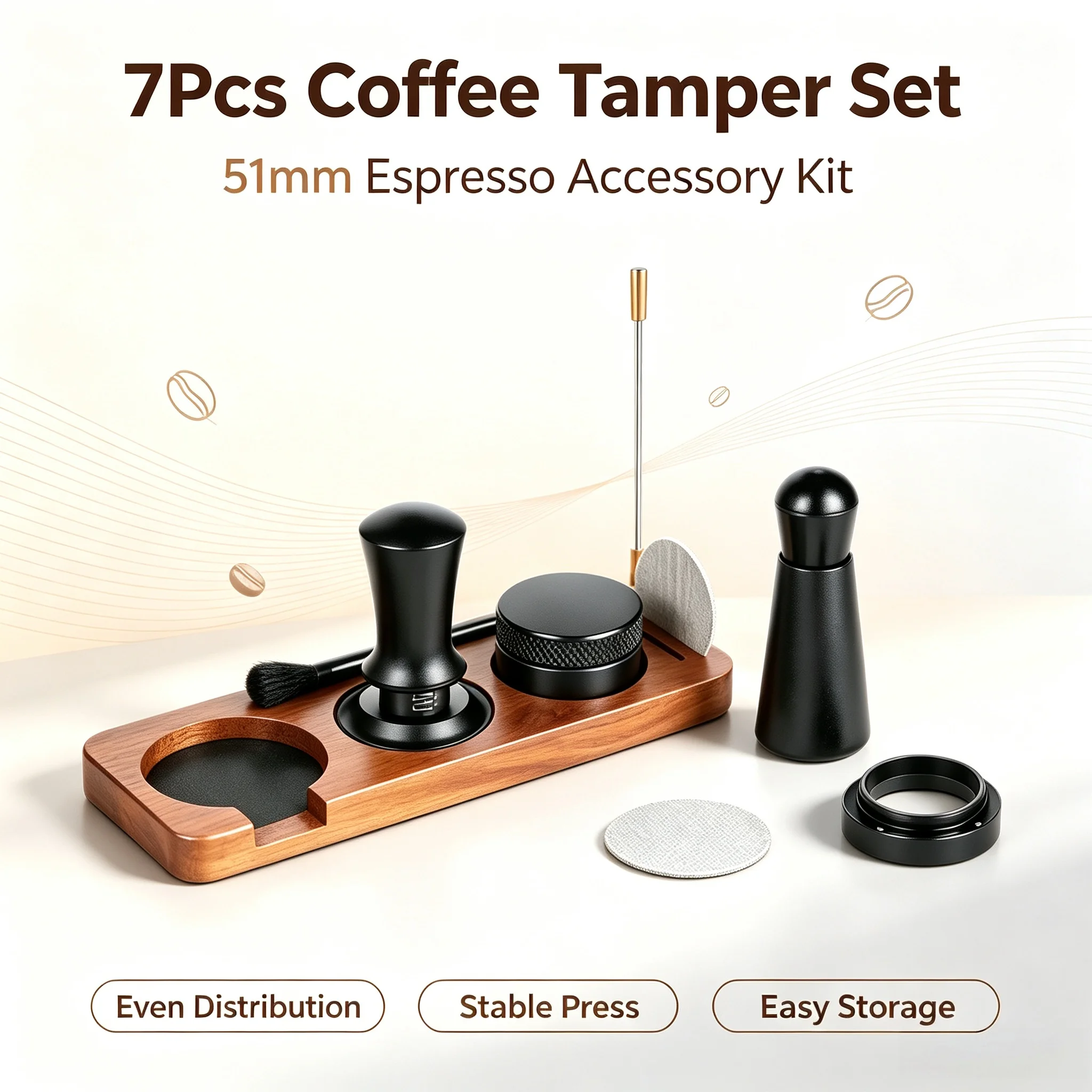Home Bar Coffee Accessory Set, Constant Force Tamper, Distribution Tool, Dosing Ring & Wooden Holder