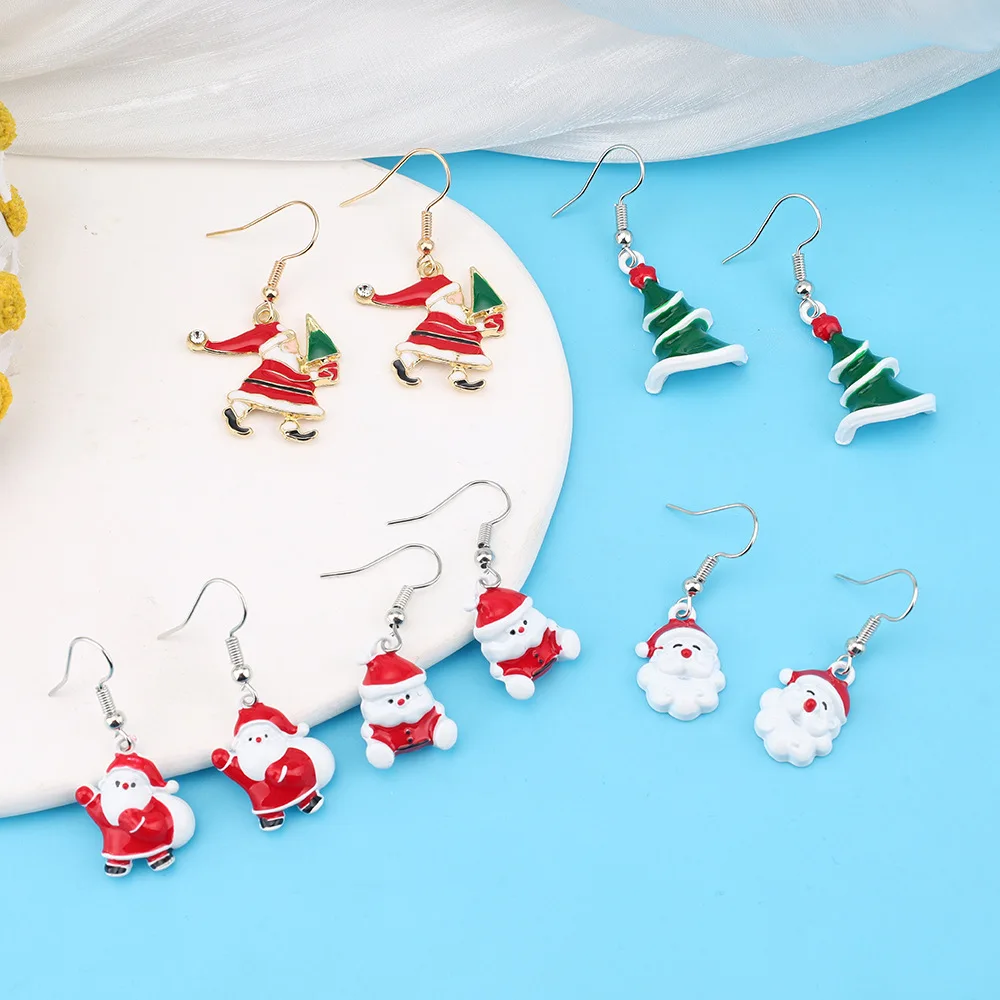 Christmas Enamel Dangle Earrings Set, Santa Claus Christmas Tree Stocking Dog Drop Earrings, X‑mas Holiday Party Jewelry Gifts
