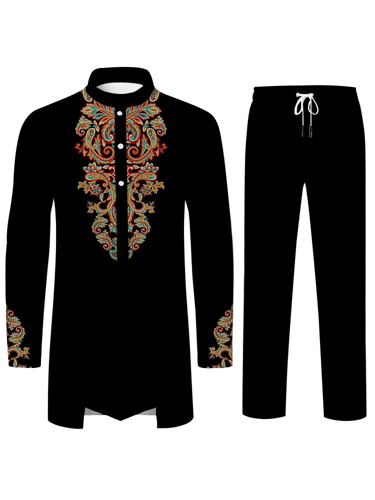 Fashion Ethnic Culture Style Mens Suit Personalized 3D Printed Pattern Islamic Muslim Suit Loose Fit Breathable Two Piece