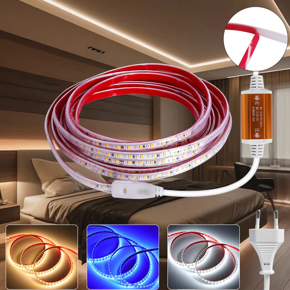 

Светодиодные ленты 220 В, 240 светодиодов/м, клейкая диодная лента, IP65, водонепроницаемая, гибкая, двухцветная лента для освещения и декора помещений