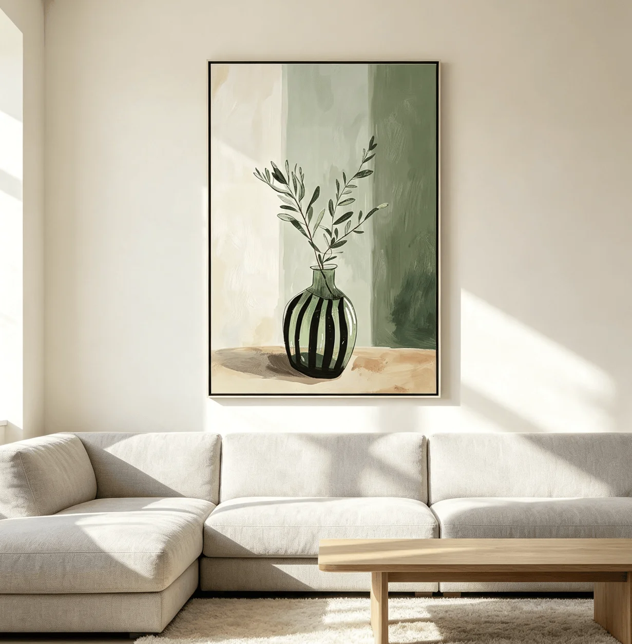 Minimalist Olive Twig Striped Vase Wall Art Canvas Prints Decor, Soft Green Still Life Poster for Farmhouse Entryway Home