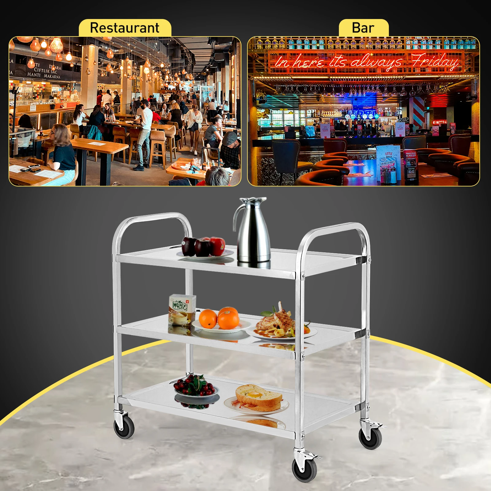 3 Tier Heavy Duty Trolley Rolling Cart, Stainless Steel Utility Cart With Handle And Locking Wheels, For Home, Restaurant