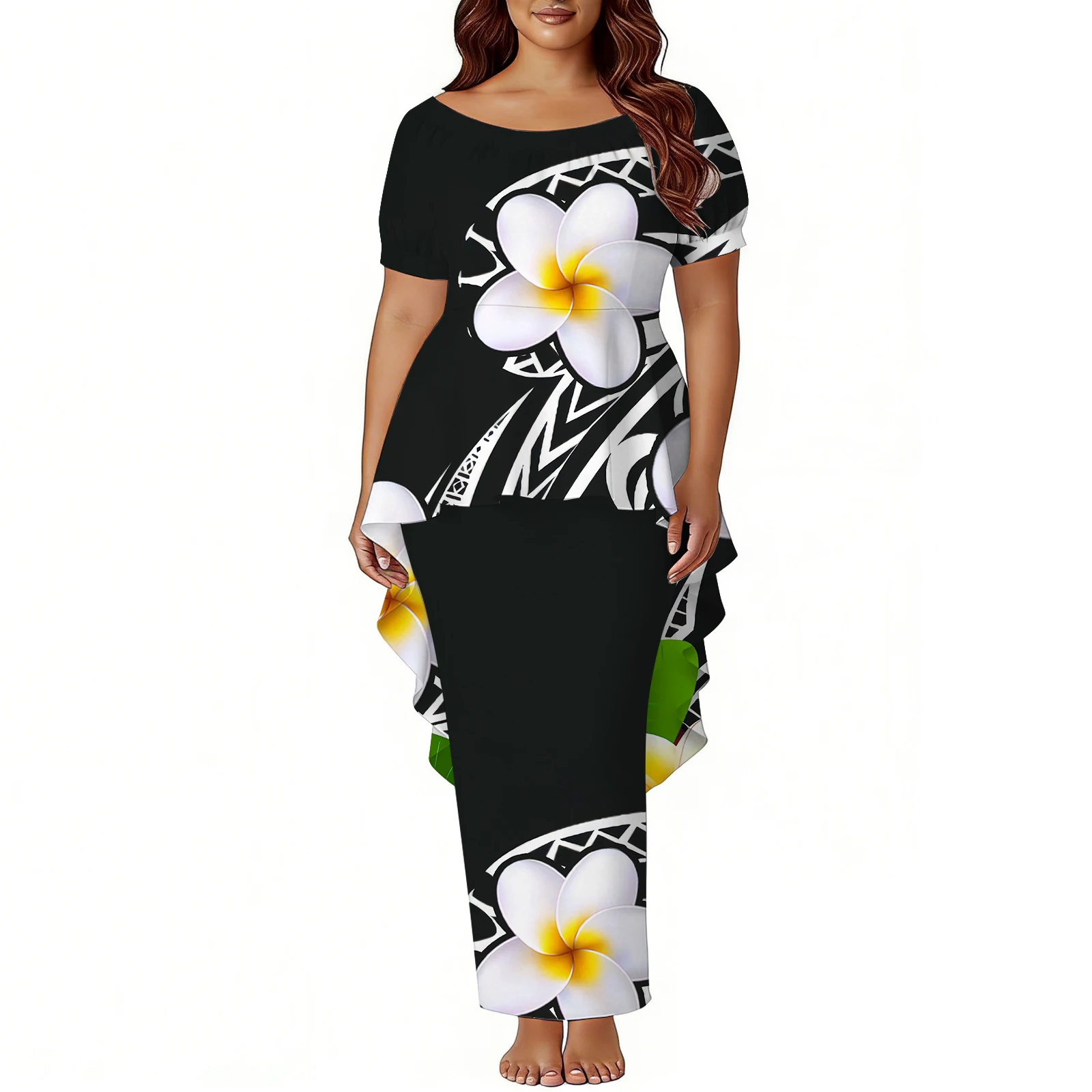 Pacific Island Floral Print Custom Samoan Puletasi 2-Piece Fitted Long Skirt Tribal Hibiscus Flower Frangipani Design Dressh