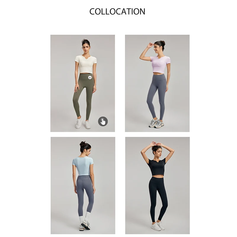 DANCEFISH Naked Yoga T-shirt with Chest Pad Top Sexy V-neck Running Sports Fitness Short Sleeve Women