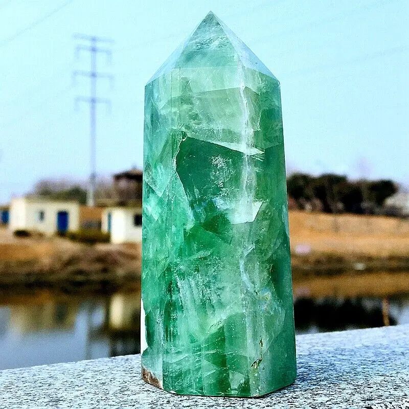 Natural Green Fluorite Tower Quartz Crystal Mineral Obelisk Wand Point Healing